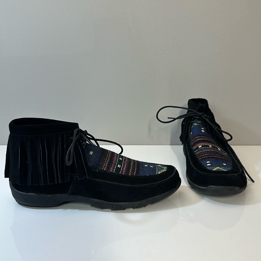 Roper Boho Serape Black Suede Fringe Ankle Bootie Size 5.5